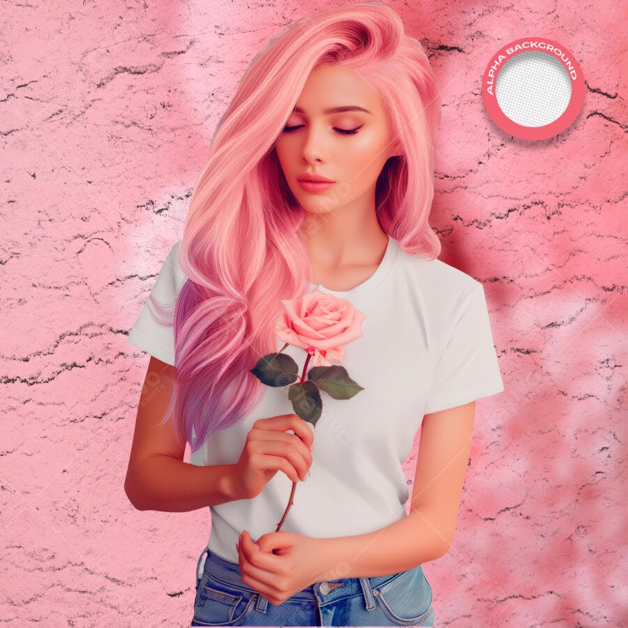 Post Mulher Cabelo Rosa com Rosa Estilo Romântico PSD Editável