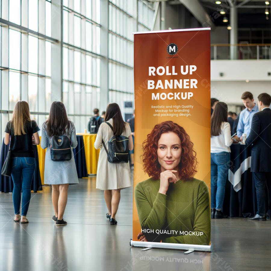 Mockup de Roll Up Banner Retrátil em Evento Corporativo com Mulher Ruiva