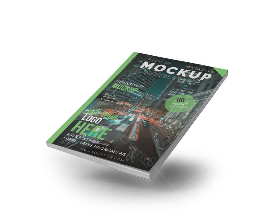 Mockup Realista de Revista Capa Dura Flutuante com Tema Urbano Verde