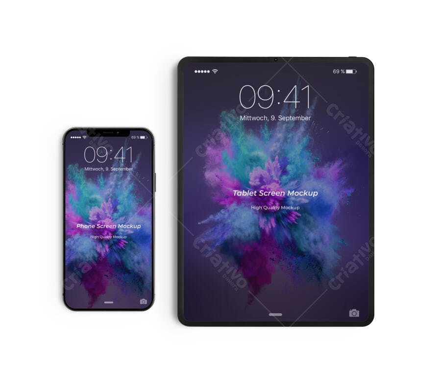 Mockup de Smartphone e Tablet Modernos com Telas Digitais Roxas e Azuis Vibrantes
