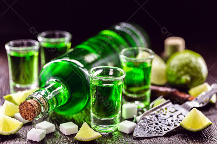 Garrafa de licor verde absinto com doses limões e açúcar