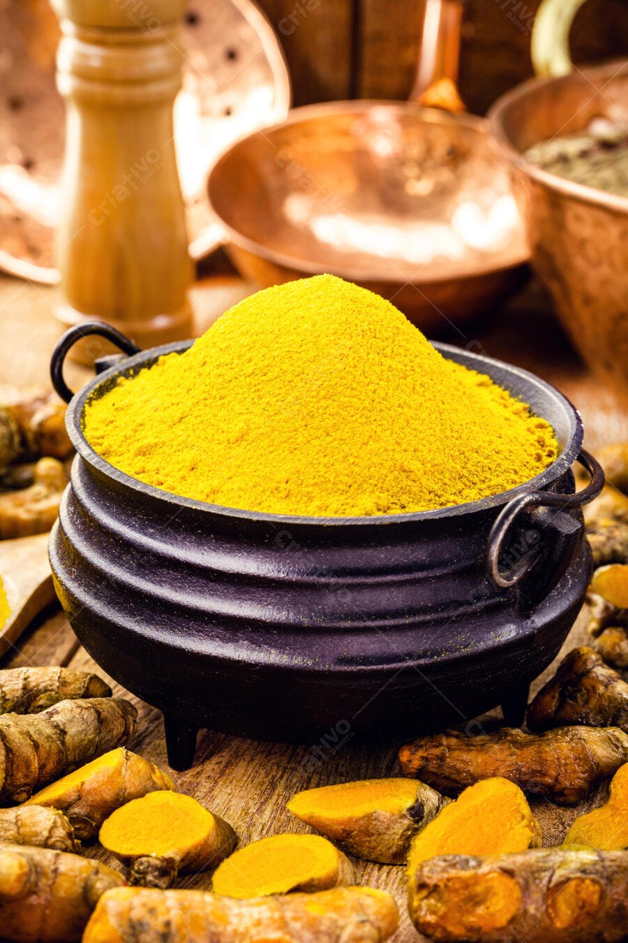 Cúrcuma em pó amarelo vibrante em panela de ferro com açafrão fresco na mesa de madeira
