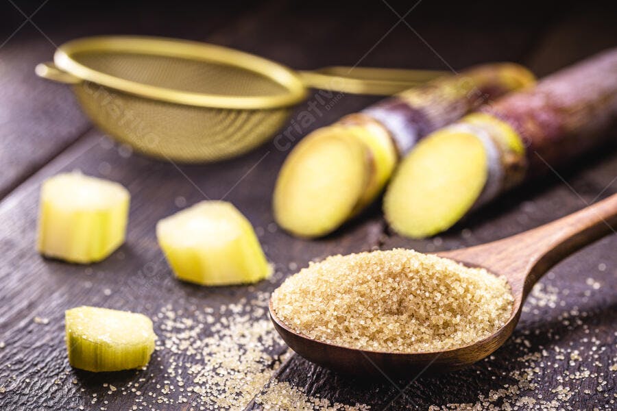Açúcar mascavo dourado em colher de pau com cana-de-açúcar fresca e peneira