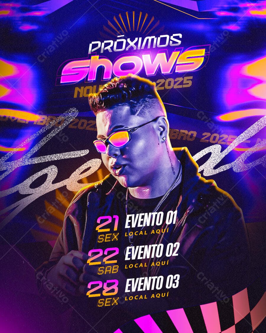 Flyer Shows de Música Neon com DJ Masculino PSD Editável
