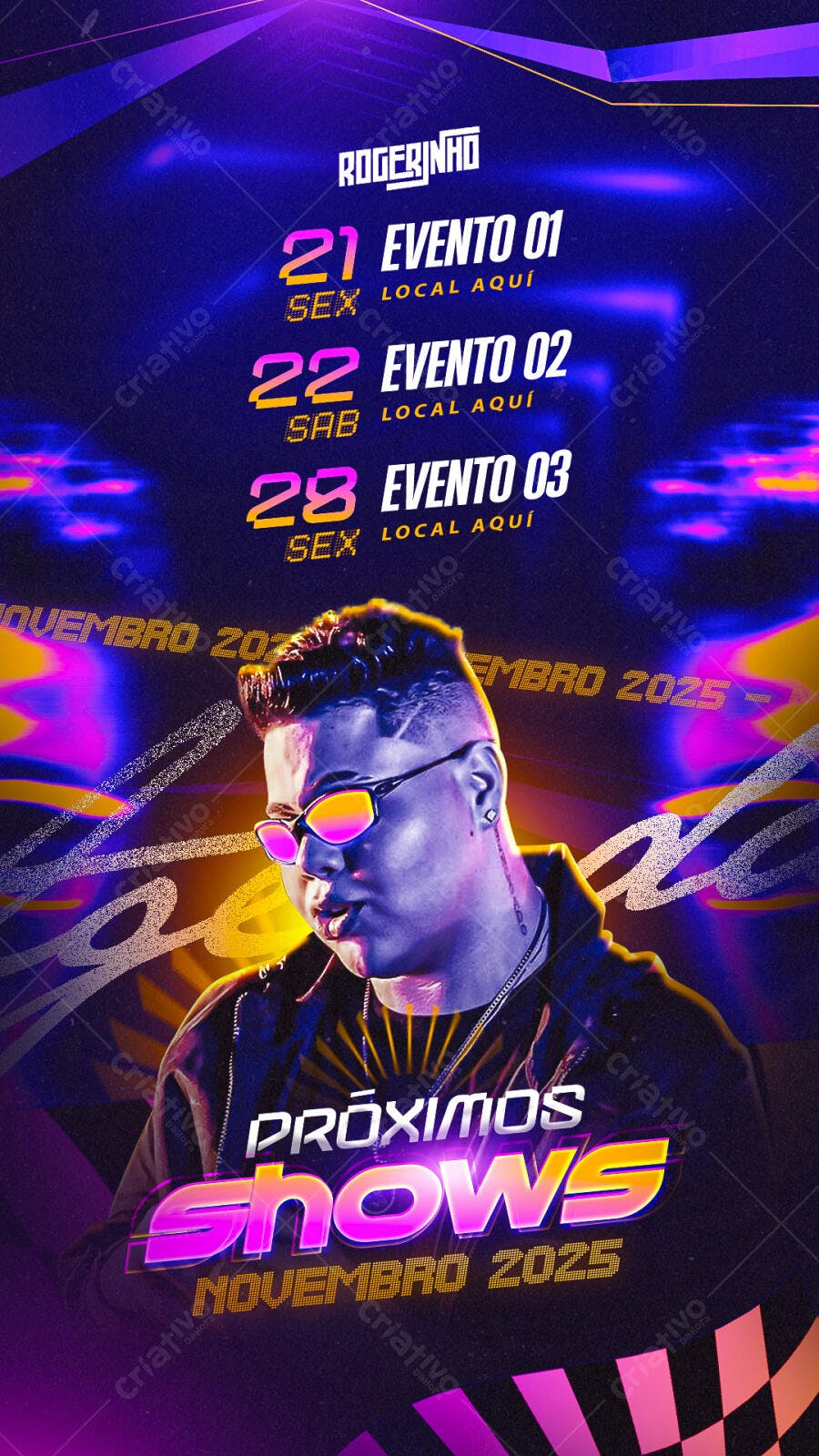 Flyer de Shows com Rogerinho e Neon PSD Editável