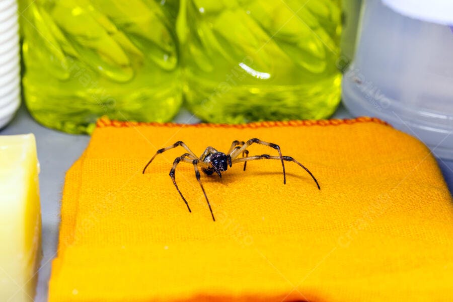 Aranha em pano de limpeza amarelo com produtos de cozinha