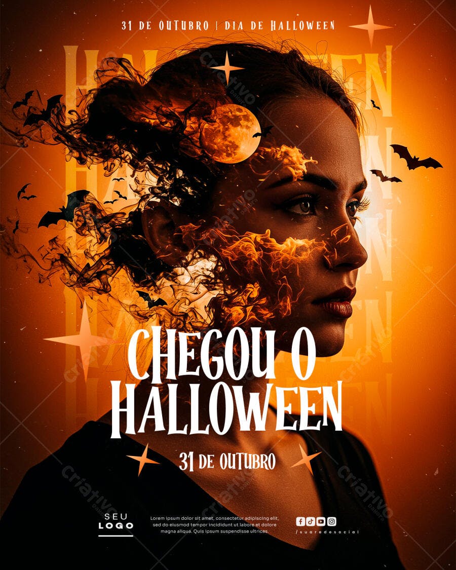 Flyer para Halloween 'Chegou o Halloween' com Mulher e Morcegos PSD Editável