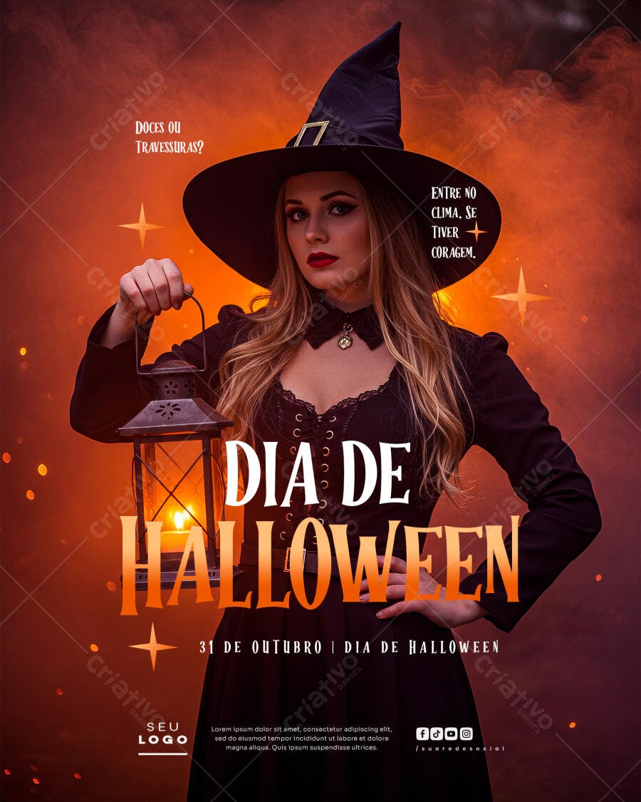 Flyer de Halloween com Bruxa e Lanterna PSD Editável