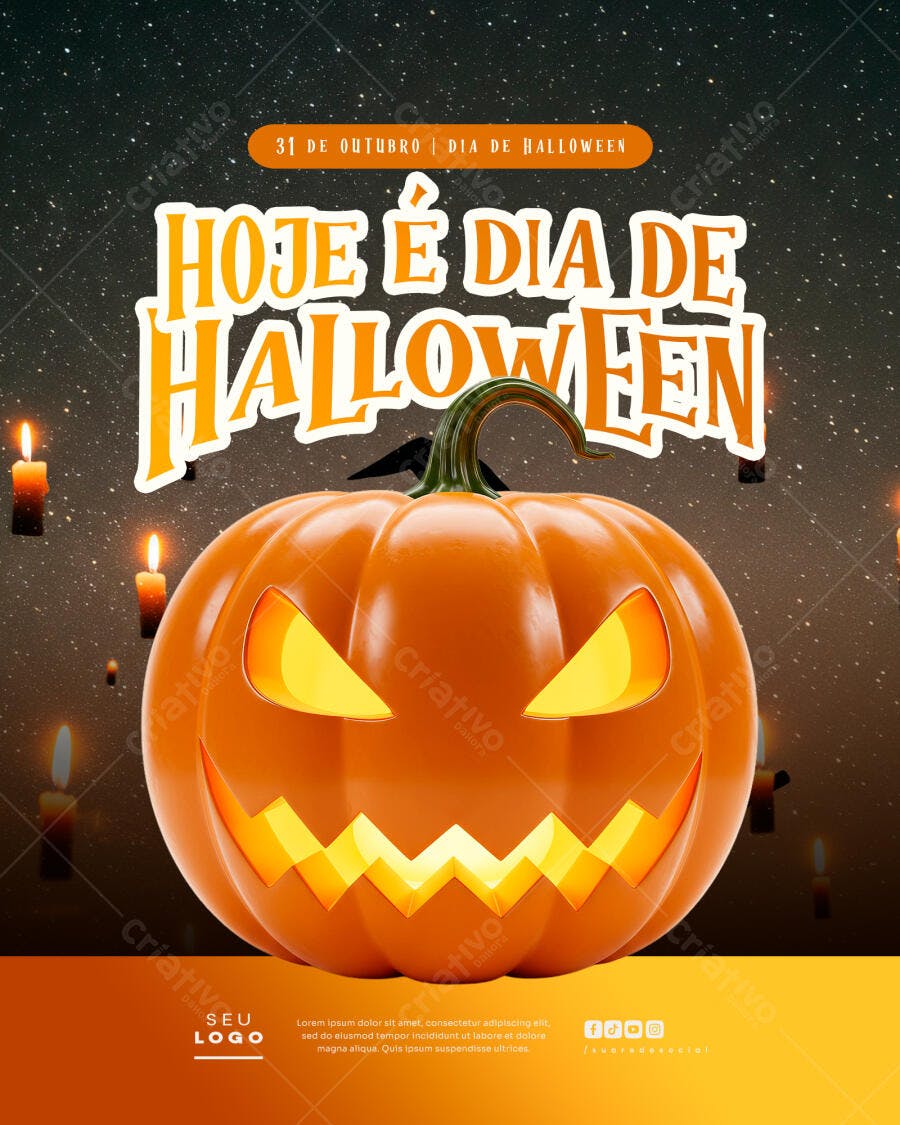 Flyer "HOJE É DIA DE HALLOWEEN" com Abóbora e Velas PSD Editável
