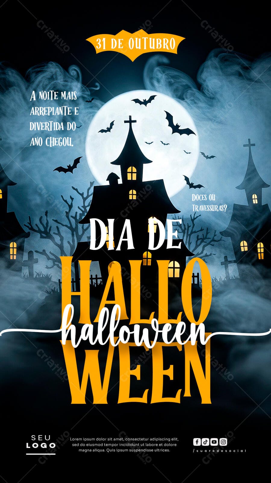 Flyer Dia de Halloween 31 Outubro Noite Arrepiante Lua Cheia PSD Editável