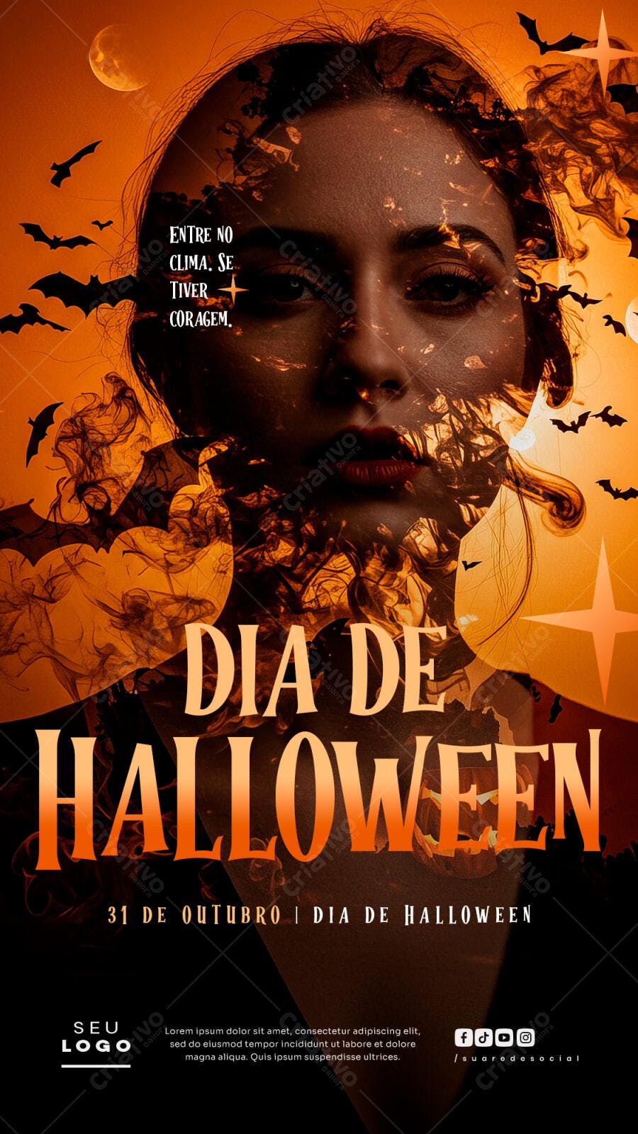 Flyer Dia de Halloween com Mulher Morcegos e Lua PSD Editável