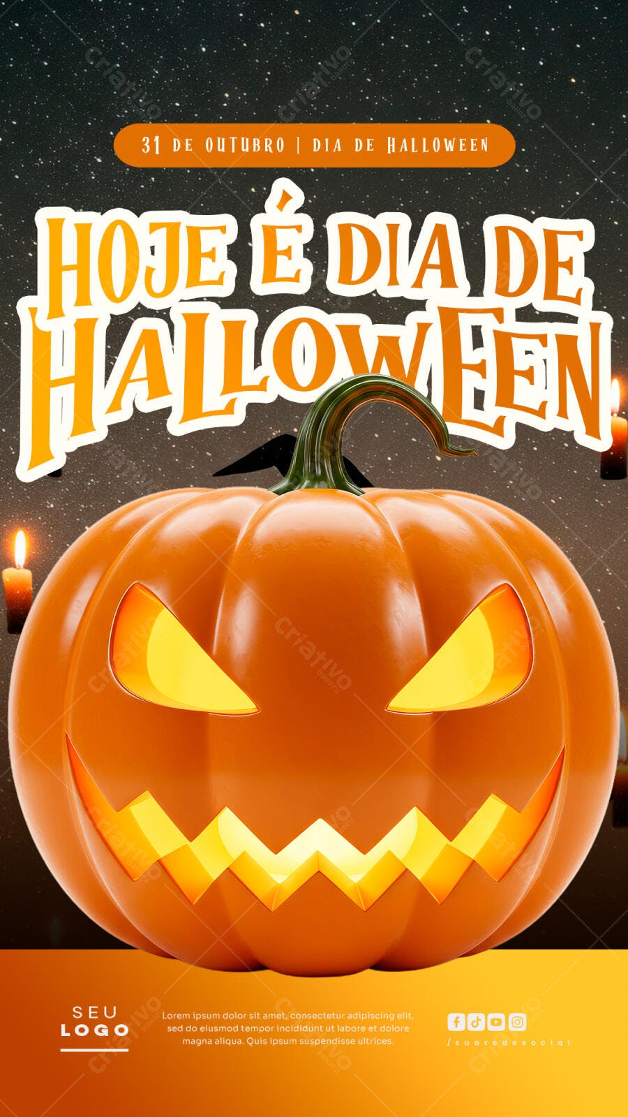 Flyer para Halloween Abóbora Laranja Brilhante PSD Editável