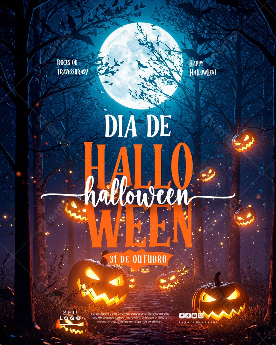 Flyer Dia de Halloween Floresta Assombrada Abóboras PSD Editável