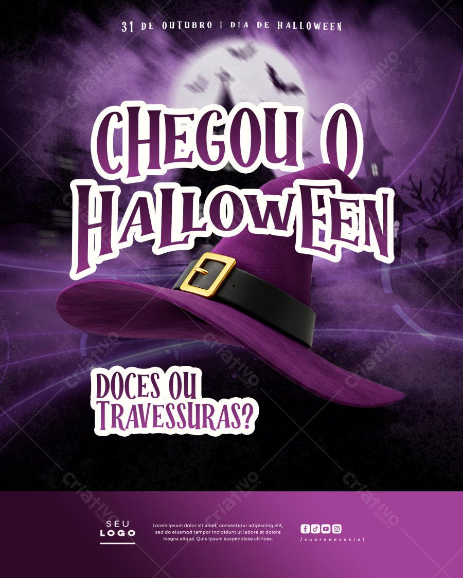 Flyer Chegou O Halloween Chapéu Bruxa Roxo PSD Editável