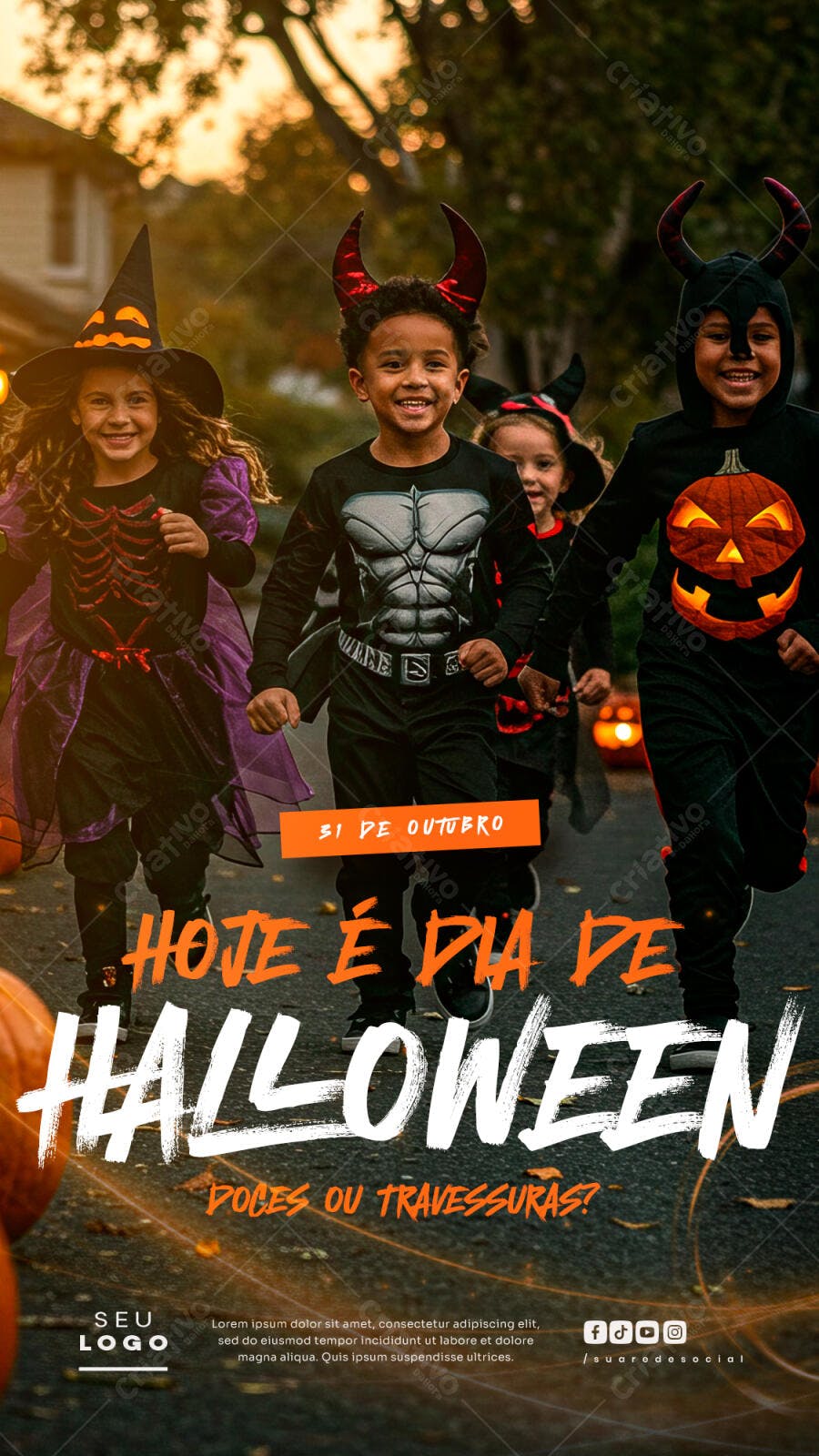 Flyer Halloween Crianças Fantasiadas Doces ou Travessuras PSD Editável
