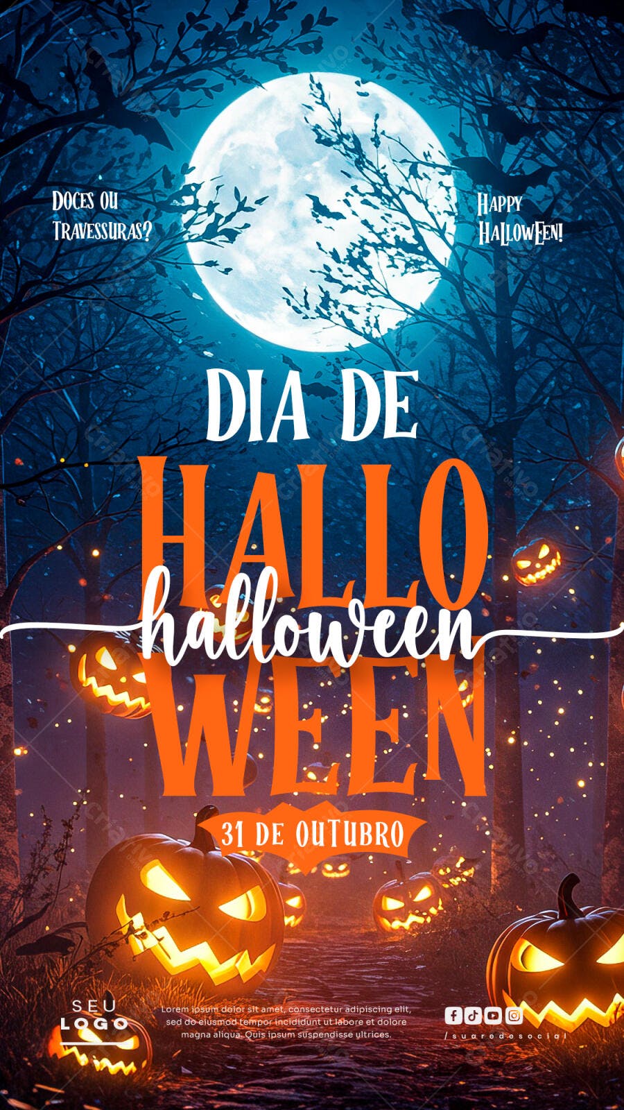 Flyer Dia de Halloween com Abóboras e Lua Cheia PSD Editável