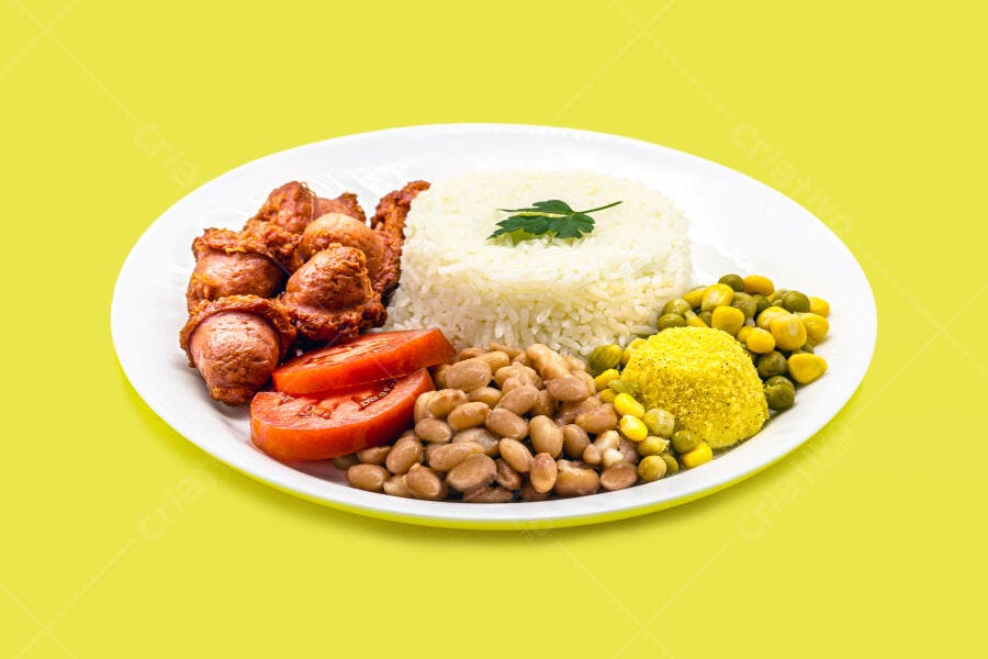 Prato de refeição brasileira com arroz feijão salsicha frita farofa e tomate fundo amarelo