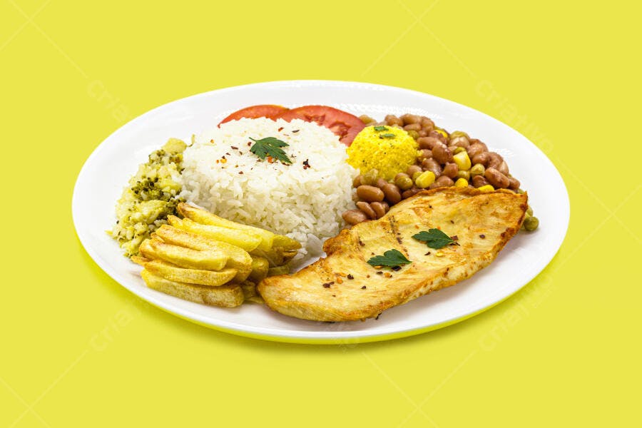 Refeição colorida com frango grelhado arroz feijão batata frita e vegetais em fundo amarelo