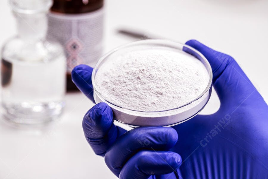 Mão com luva azul segurando placa de Petri com pó branco em laboratório