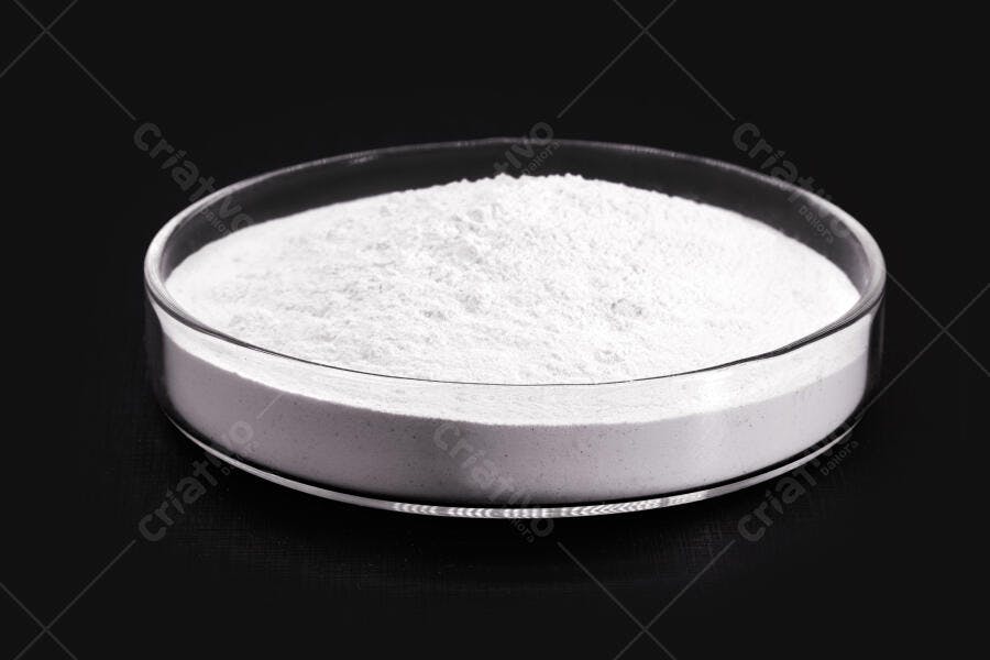 Pó branco em placa de Petri transparente fundo preto laboratório
