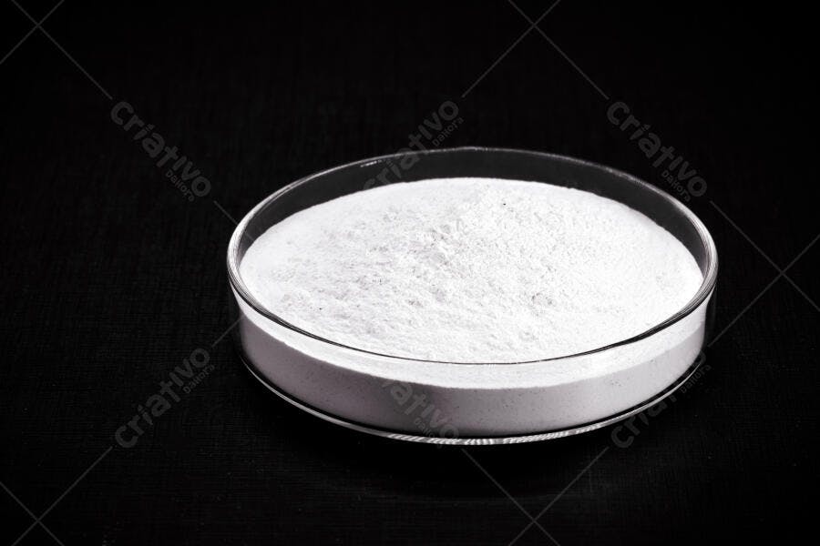 Pó branco fino em placa de Petri transparente fundo preto