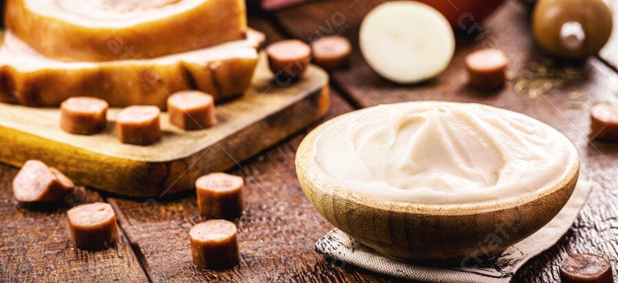 Tigela de molho cremoso branco e linguiça com barriga de porco defumada em tábua de madeira