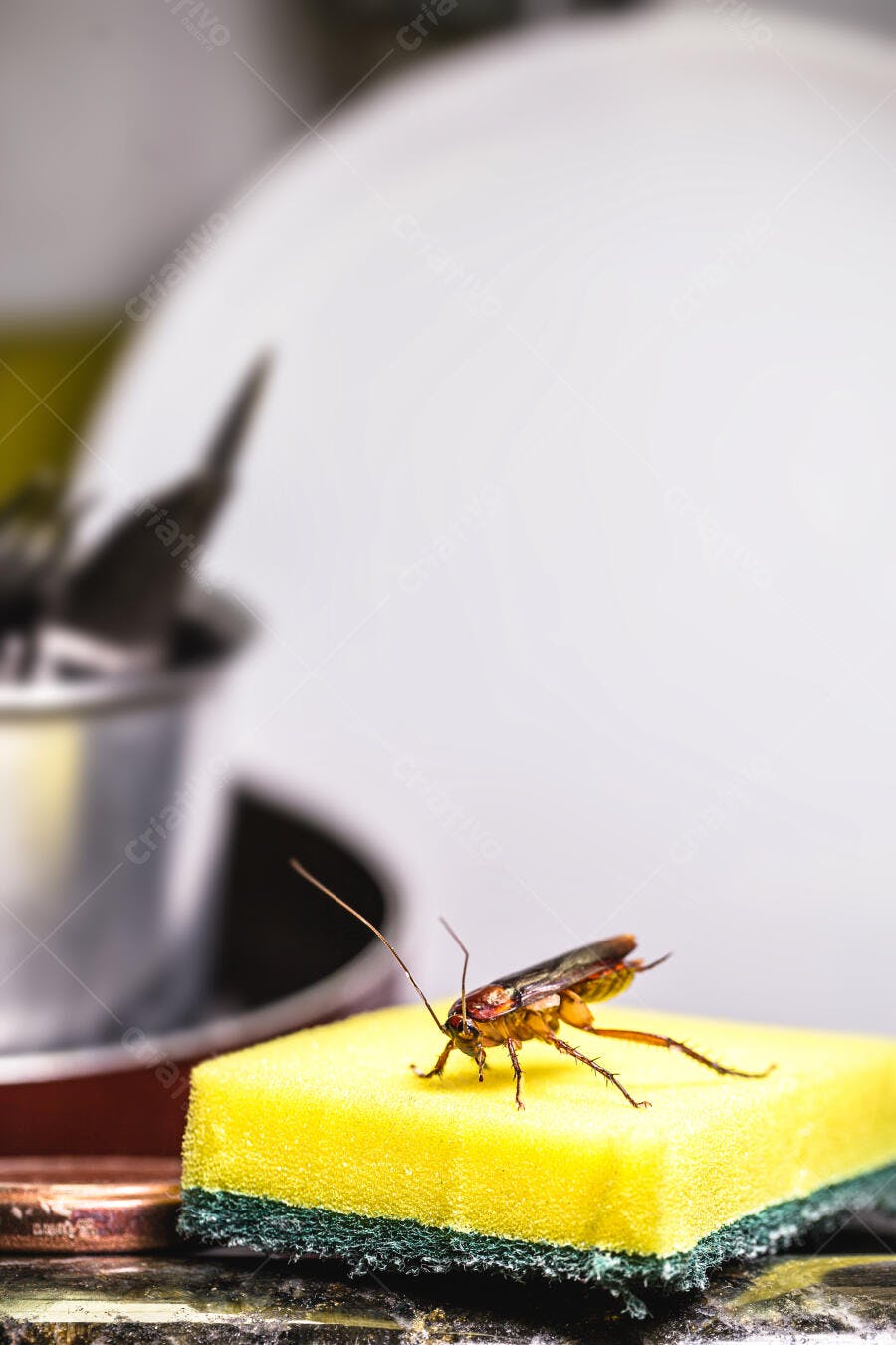 Barata marrom sobre esponja de cozinha amarela e verde em close-up