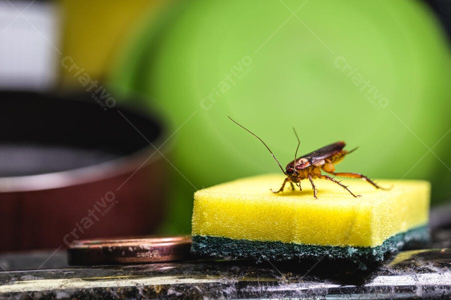 Barata marrom escura sobre esponja de louça amarela e verde em cozinha suja