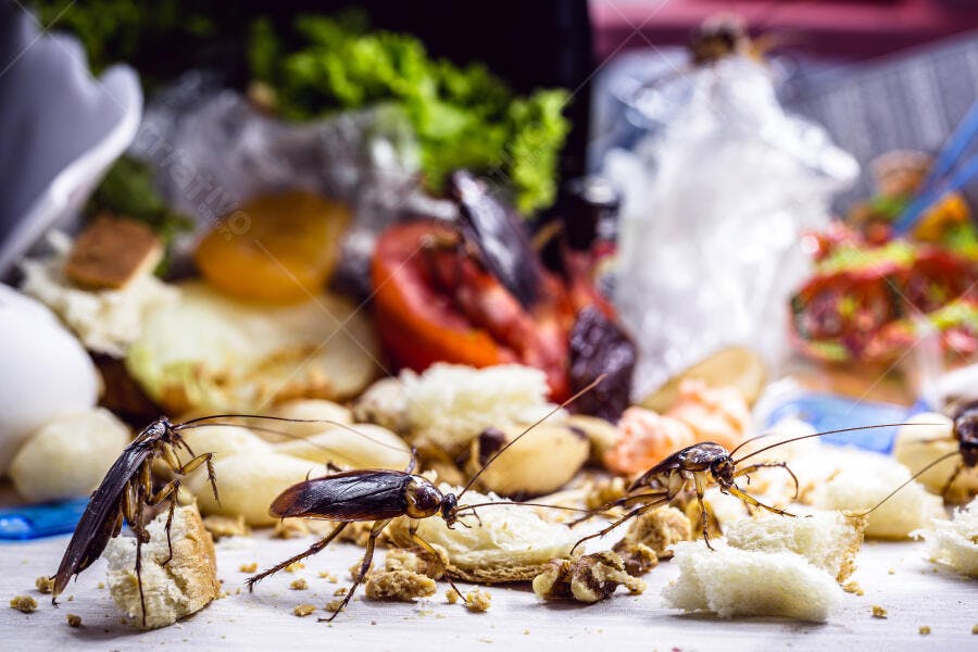 Baratas marrons em restos de comida suja na cozinha