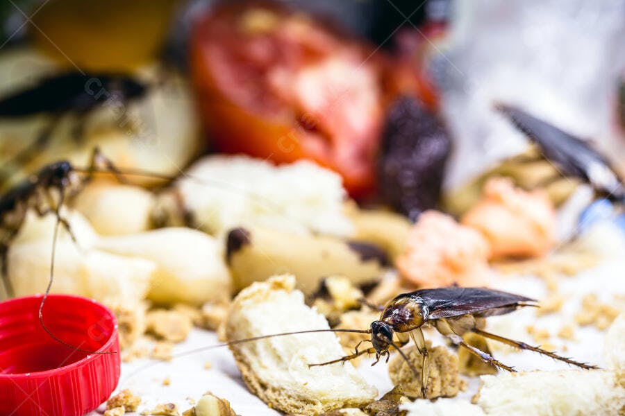 Baratas marrons escuras sobre migalhas de pão e restos de tomate em cenário insalubre