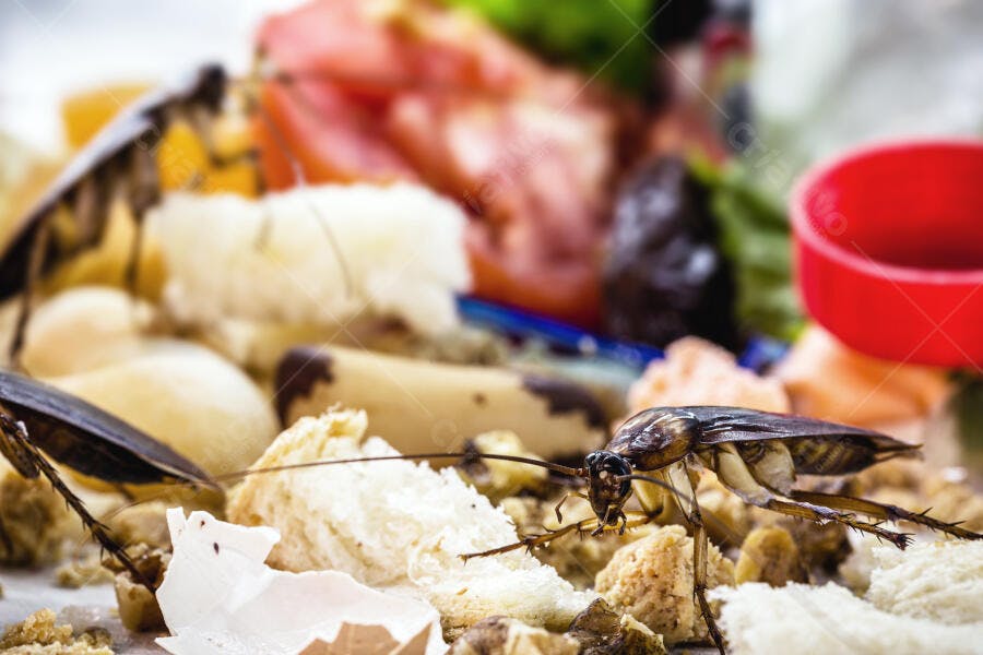 Baratas em migalhas de pão e restos de alimentos na cozinha