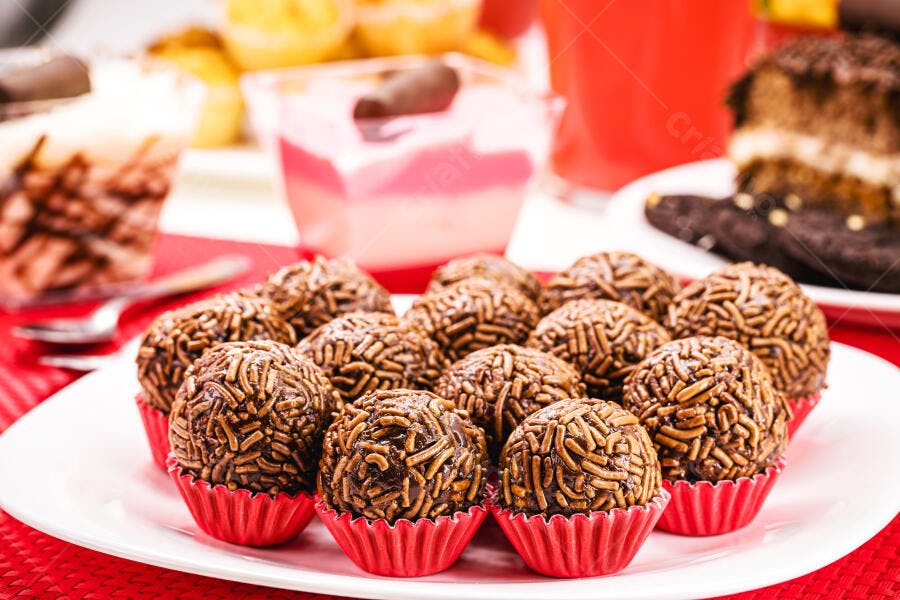 Brigadeiros de chocolate em forminhas vermelhas com doces de festa