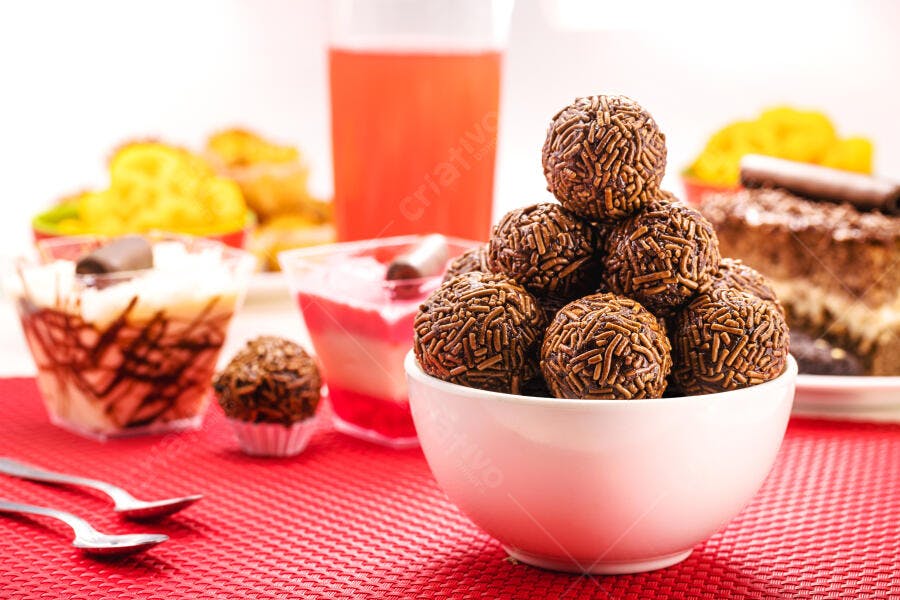 Brigadeiros de chocolate granulado em tigela com doces e bebidas de festa