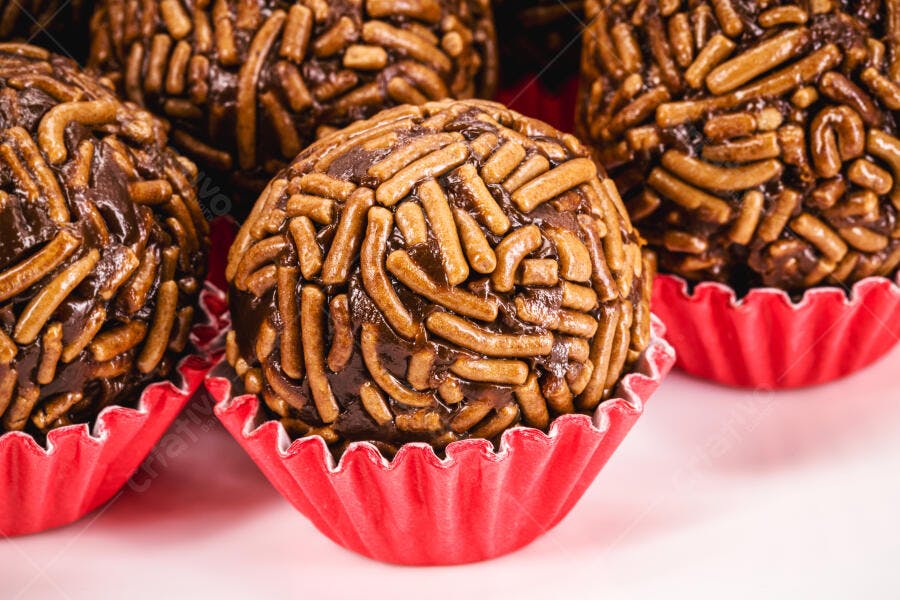 Brigadeiro brasileiro com granulado em forminhas vermelhas sobre branco