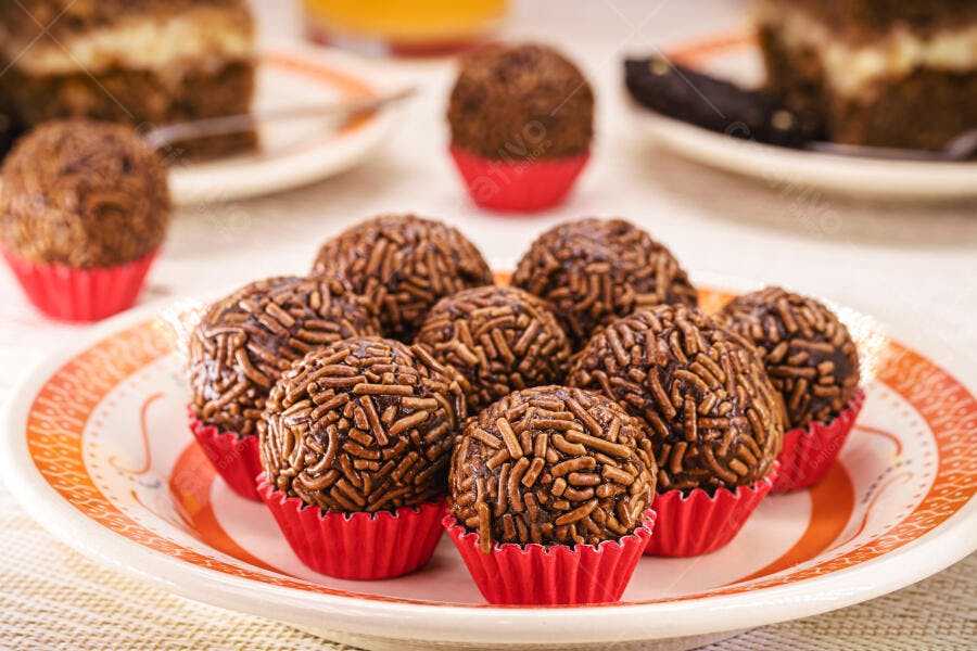 Brigadeiros de chocolate com granulado em forminhas vermelhas em prato decorado