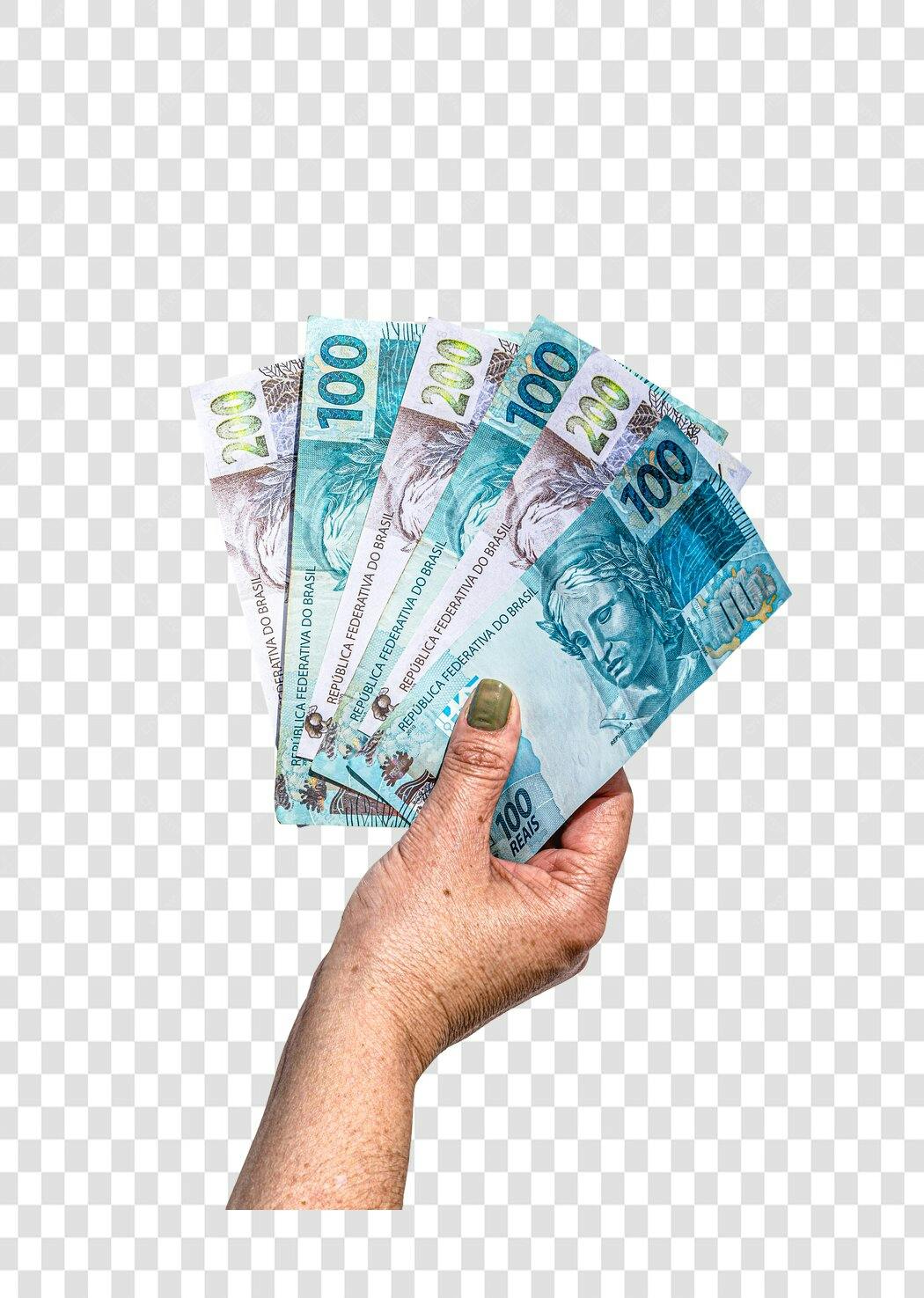 Recurso Visual Mão Adulta Segurando Notas de Reais Brasileiros Azuis Verdes PNG com fundo transparente