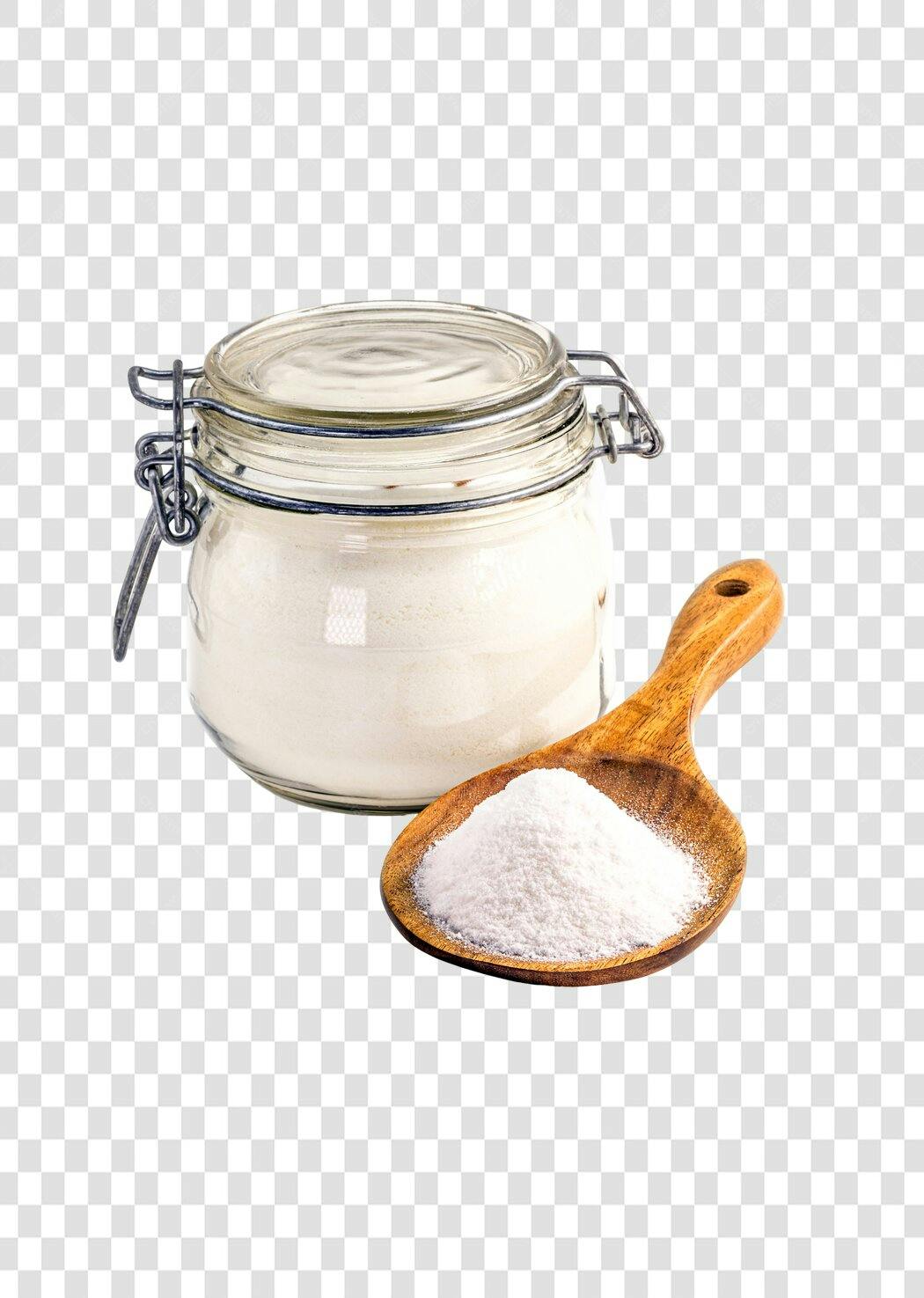 Pote de vidro com farinha e colher de pau PNG com fundo transparente