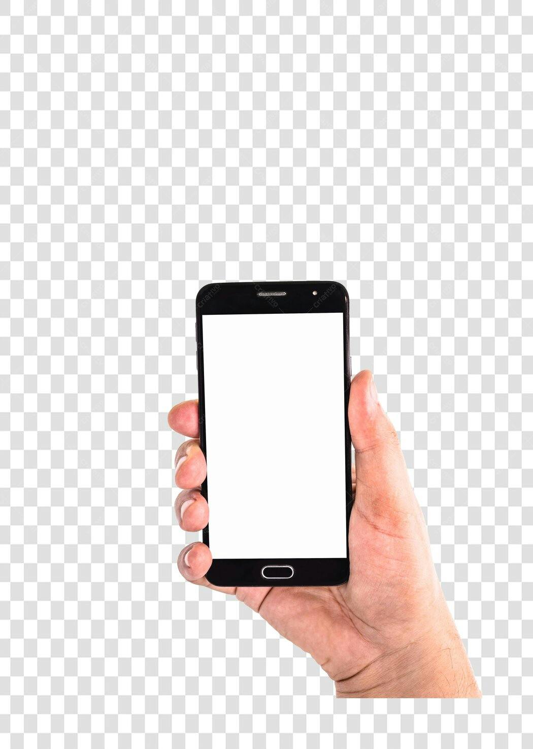 Mão masculina segurando smartphone preto com tela branca PNG com fundo transparente