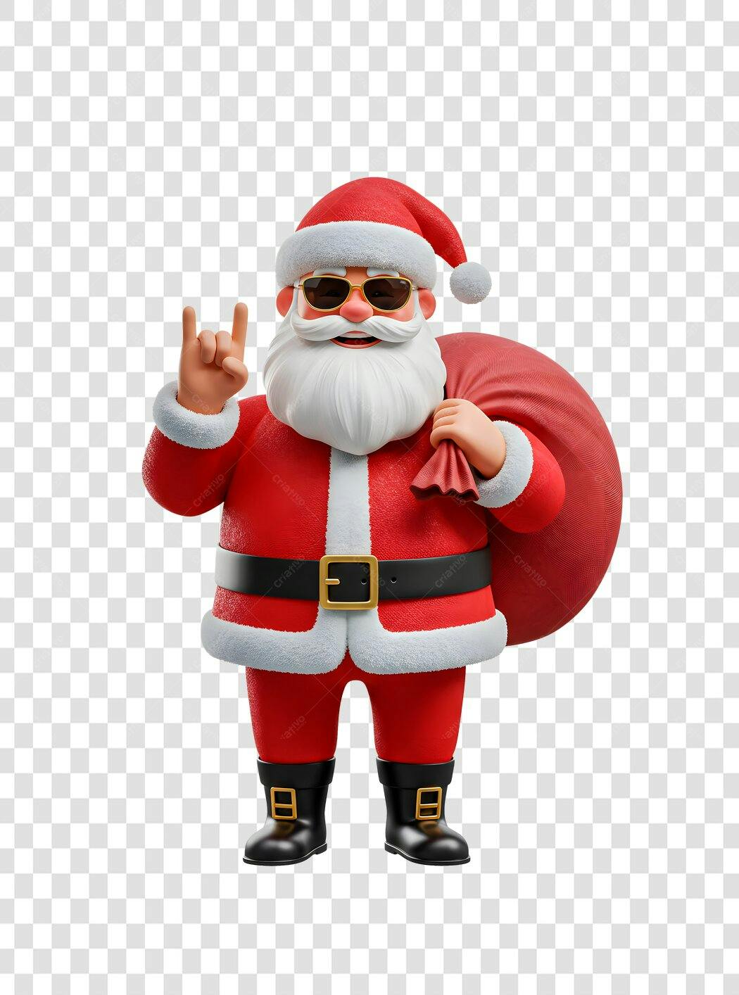 Personagem 3D Papai Noel rock com óculos de sol e saco de presentes PNG com fundo transparente