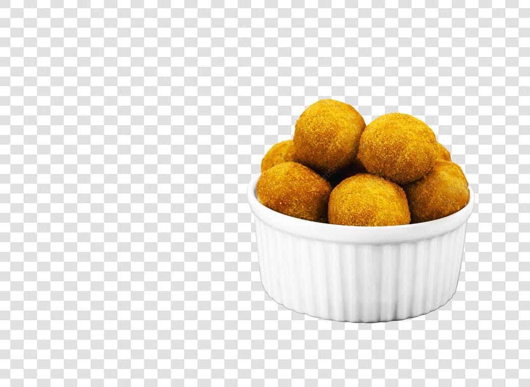 Elemento gráfico salgadinhos coxinha fritos dourados em tigela PNG com fundo transparente