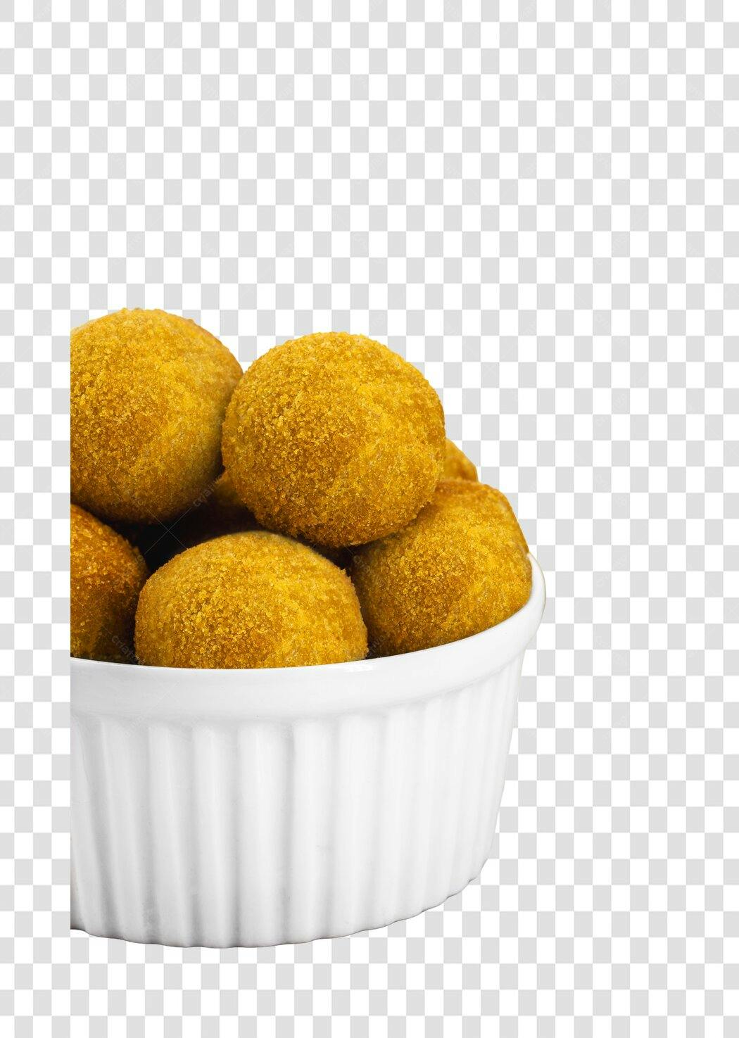 Imagem Salgadinhos Dourados Frituras em Tigela Branca PNG com fundo transparente
