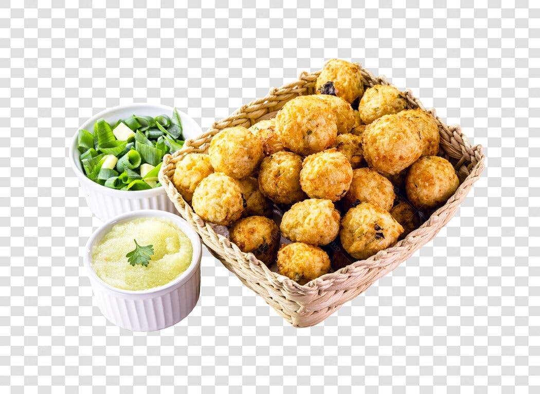 Imagem Promocional Bolinhos Fritos Cesta Molhos Verdes PNG com fundo transparente