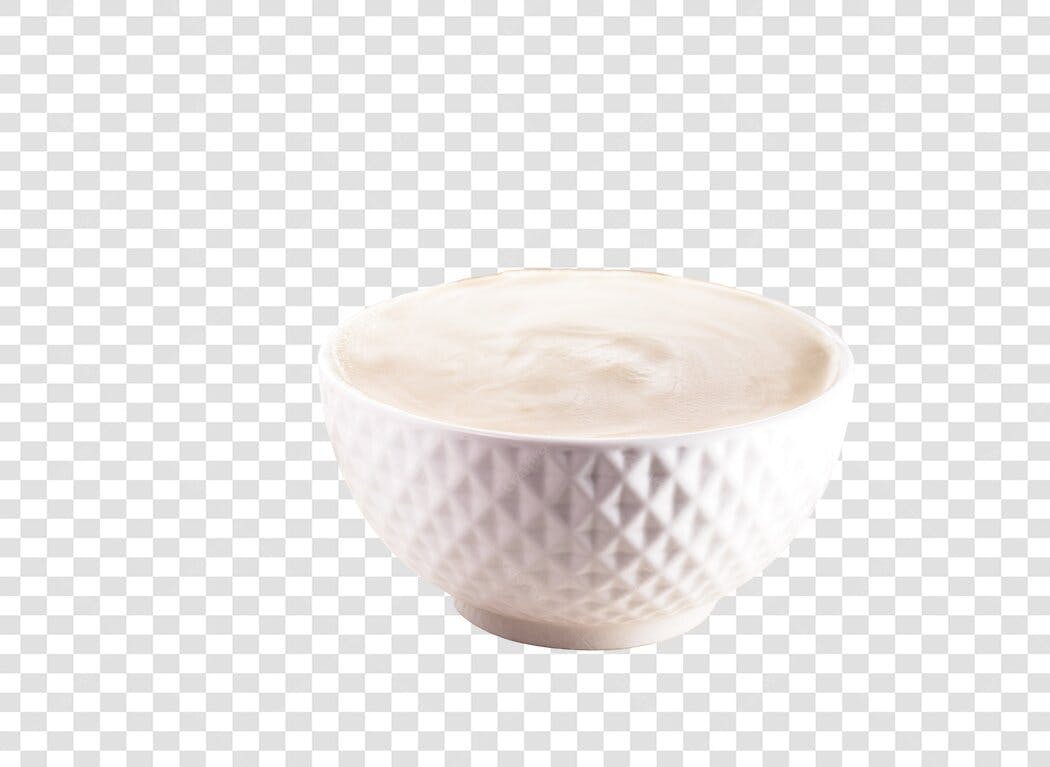 Foto de produto iogurte cremoso em tigela branca texturizada PNG com fundo transparente
