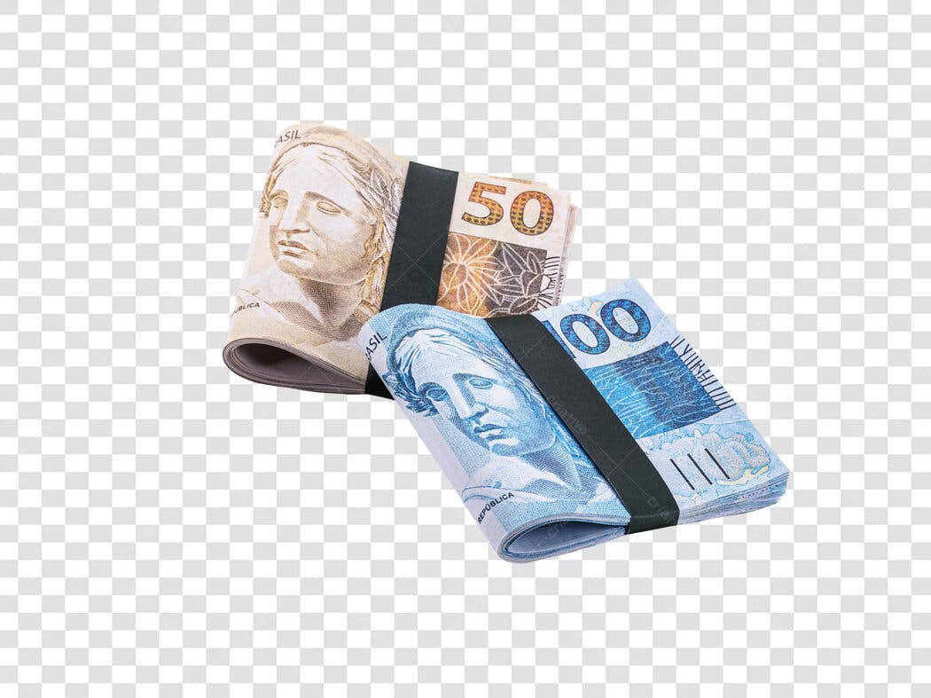 Imagem de notas de 50 e 100 Reais azuis e beges amarradas PNG com fundo transparente