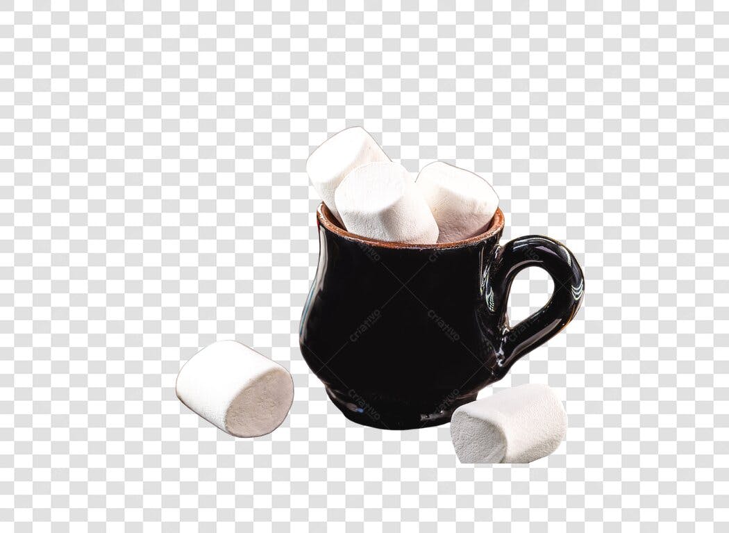 Xícara Preta Marshmallows Brancos para Chocolate Quente PNG com fundo transparente