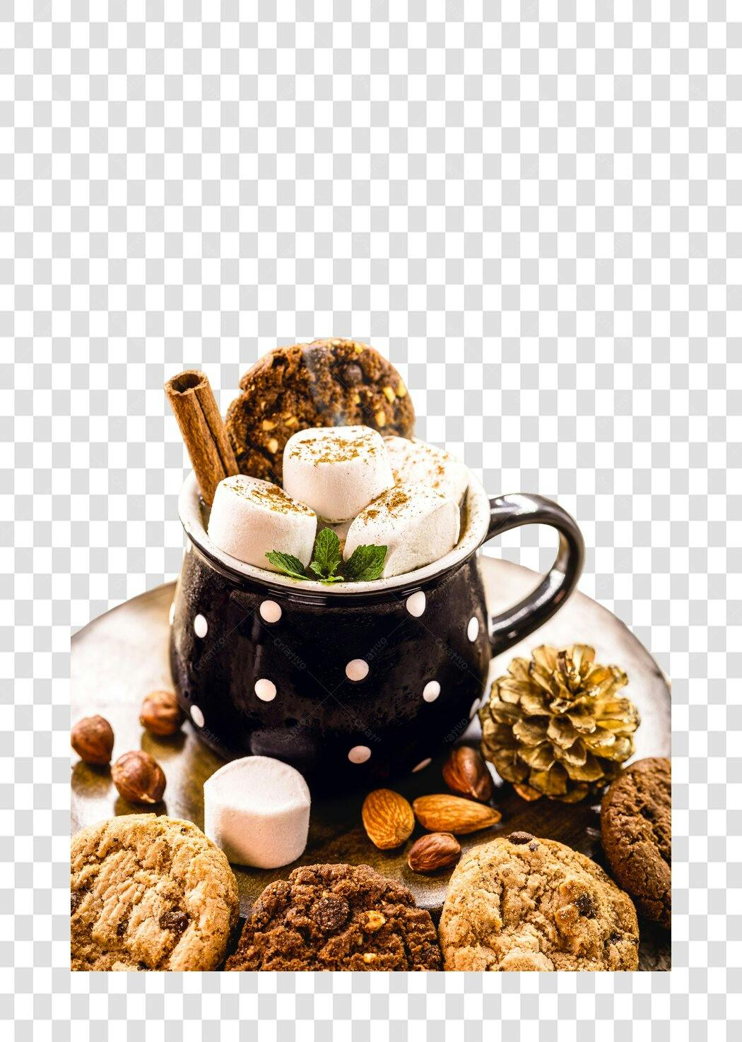 Composição PNG Caneca Chocolate Quente Biscoitos Natalinos com fundo transparente
