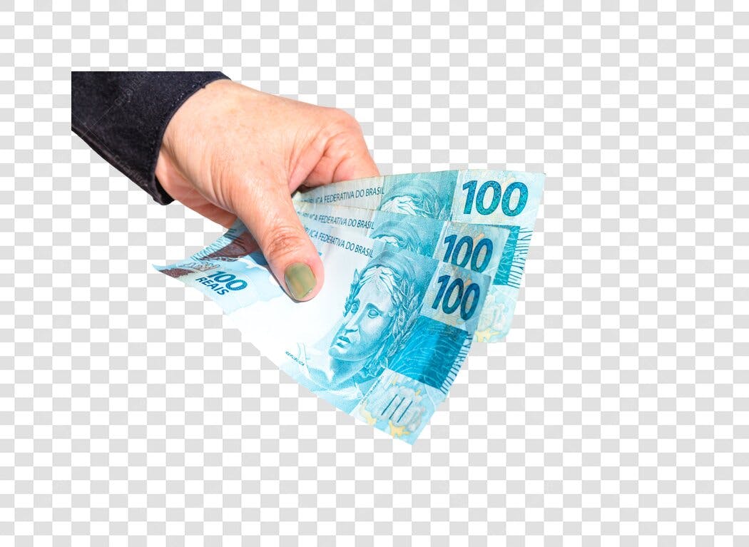 Foto de Mão Feminina Segurando Notas de 100 Reais Brasileiros PNG com fundo transparente