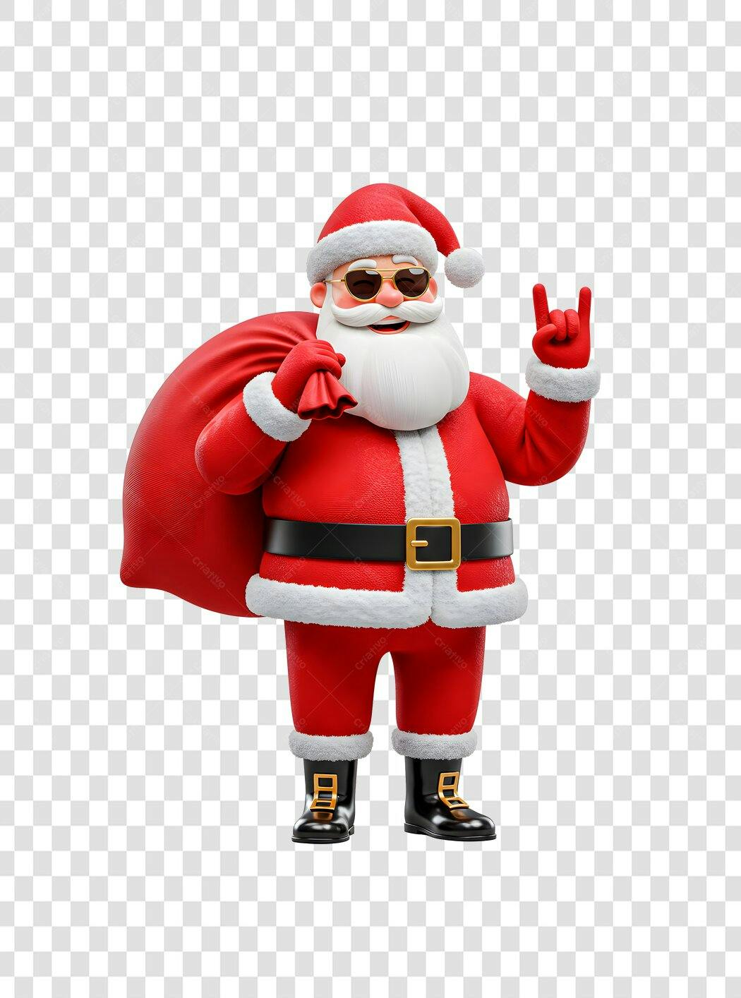 Personagem 3D Papai Noel Rock and Roll com Saco de Presentes PNG com fundo transparente
