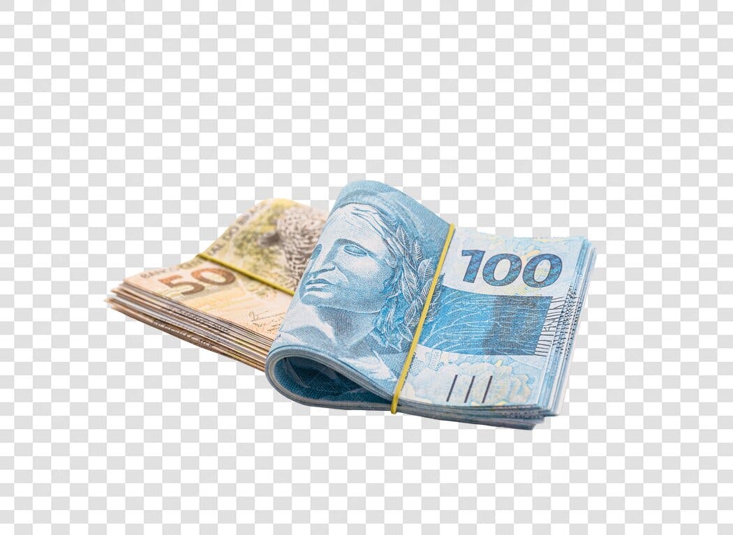 Recurso visual notas de Real 50 e 100 reais dinheiro azul amarelo PNG com fundo transparente
