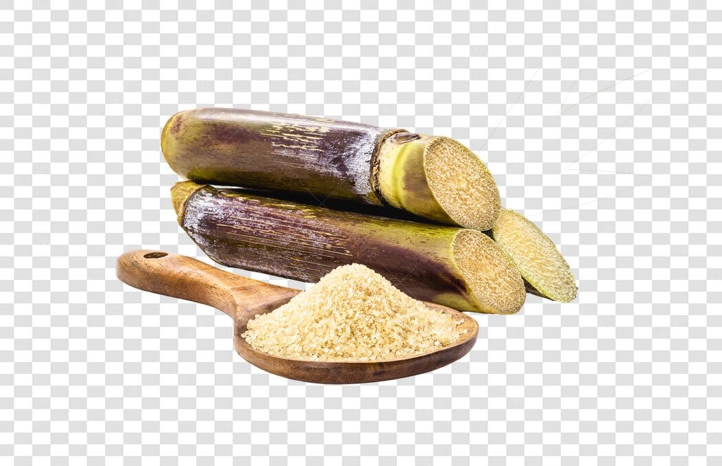 Elemento gráfico Cana-de-açúcar e açúcar mascavo em colher PNG com fundo transparente
